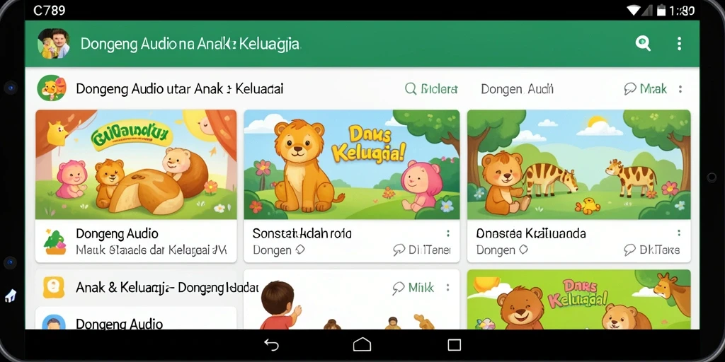 Tampilan antarmuka C789 yang ramah anak untuk dongeng audio.